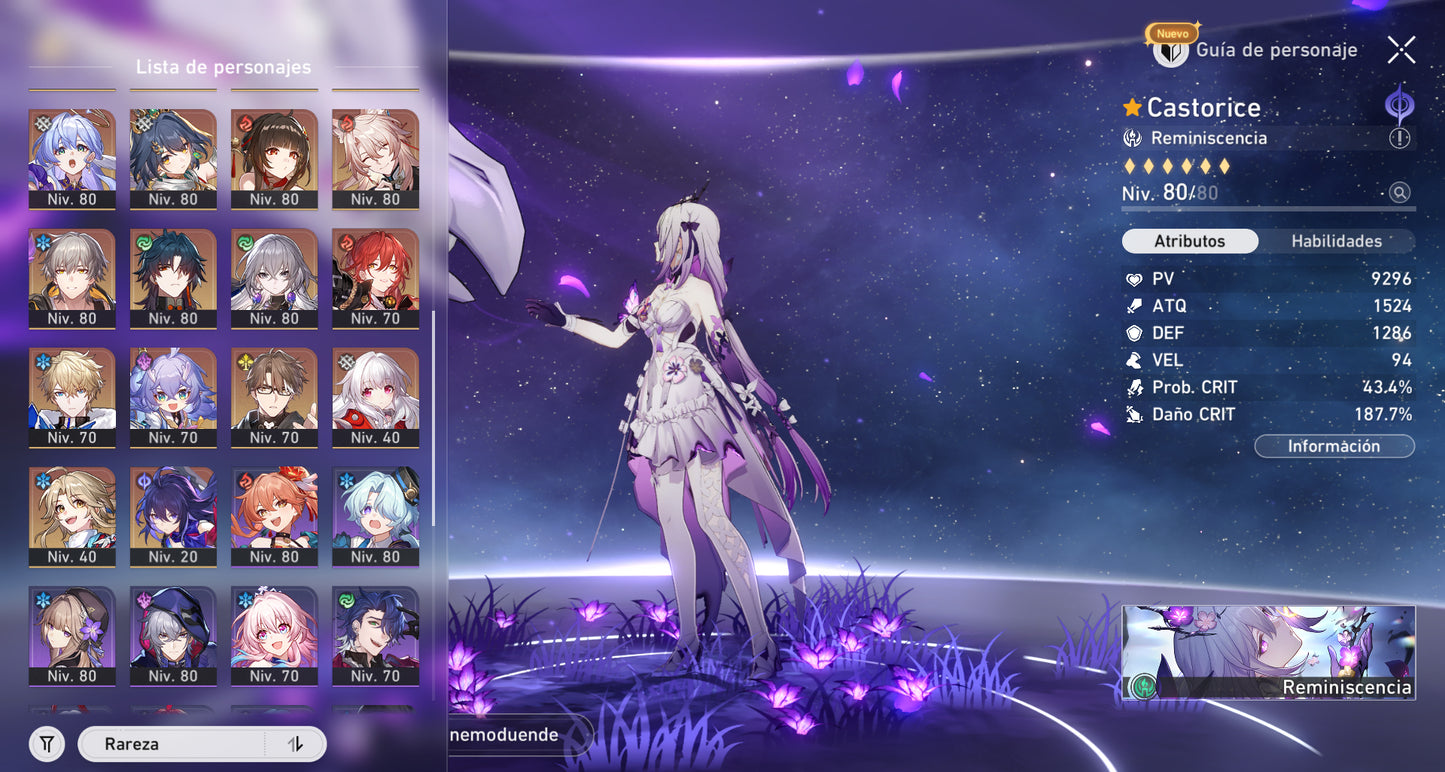 Lvl70 NA Fainón + Cono + Castorice + Cono , Yao Guang + La Dalia + Rappa + Sunday + Robin E1 + Cono + Sra. Herta + Sparkle + Dr. Ratio + Aventurino E1 + Ruan Mei + Lingsha + Cono , Jiaoqiu + Huohuo + Archer + Saber + Gilgamesh + Kafka + Topaz + Larganoche