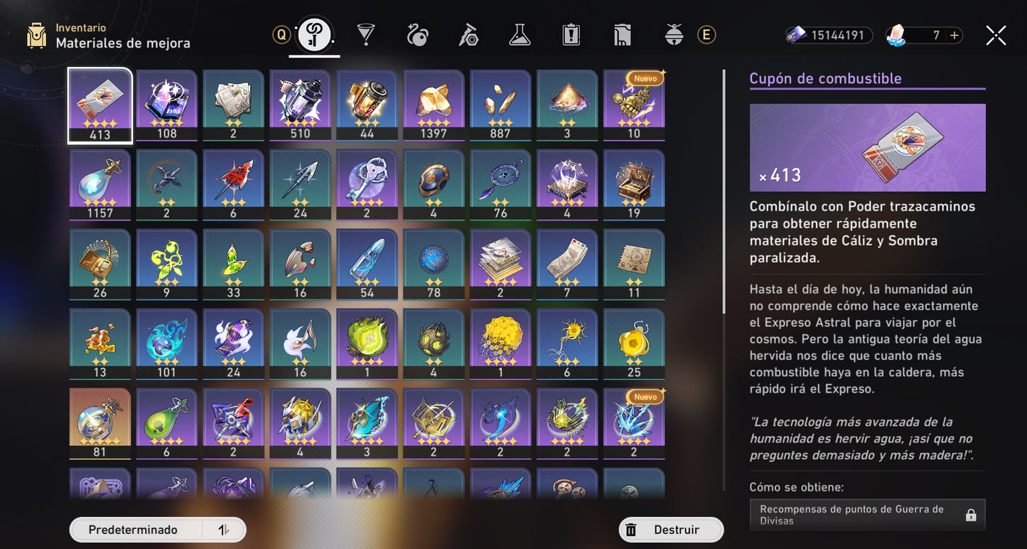 Lvl70 NA Fainón + Cono + Castorice + Cono , Yao Guang + La Dalia + Rappa + Sunday + Robin E1 + Cono + Sra. Herta + Sparkle + Dr. Ratio + Aventurino E1 + Ruan Mei + Lingsha + Cono , Jiaoqiu + Huohuo + Archer + Saber + Gilgamesh + Kafka + Topaz + Larganoche
