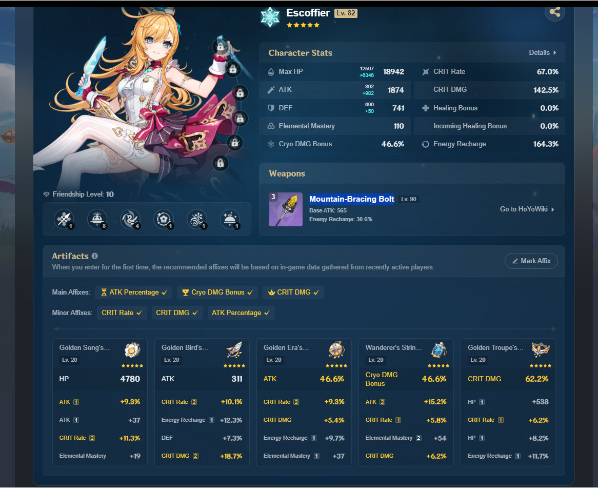 [Nivel 58] Varesa + Arma+ Skirk + Escoffier + Furina + Chasca +Arma + Yelan + Hu Tao + Mona + Tighnari C1 + Dehya + Keqing + Mizuki + Jean