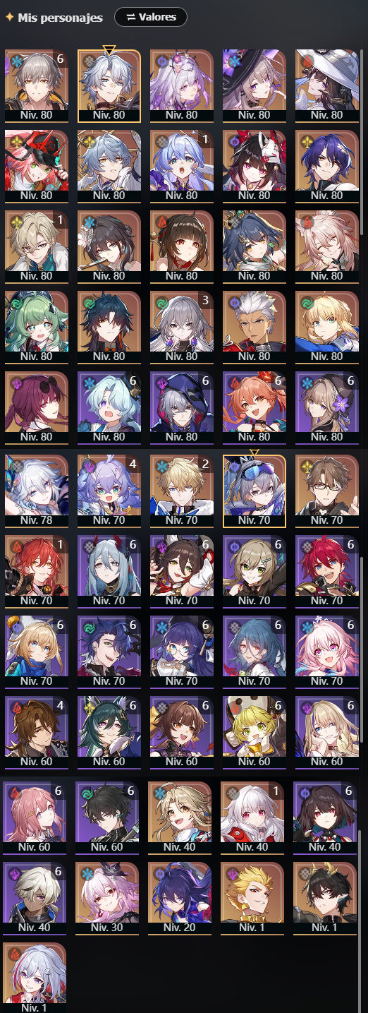 Lvl70 NA Fainón + Cono + Castorice + Cono , Yao Guang + La Dalia + Rappa + Sunday + Robin E1 + Cono + Sra. Herta + Sparkle + Dr. Ratio + Aventurino E1 + Ruan Mei + Lingsha + Cono , Jiaoqiu + Huohuo + Archer + Saber + Gilgamesh + Kafka + Topaz + Larganoche