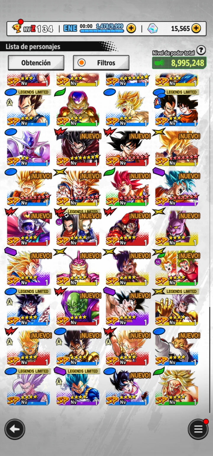 [Solo Android] ⭐️PRE - ULTRAINSTINTO GOKU ULTRA + Pre - ULTRAINSTINTO GOKU LEGENDS LIMITED + Supersaiyajin dios SS Vegeta LEGENDS LIMITED  ⭐️ + 13 LL + 💎15,565 Cronocristales💎