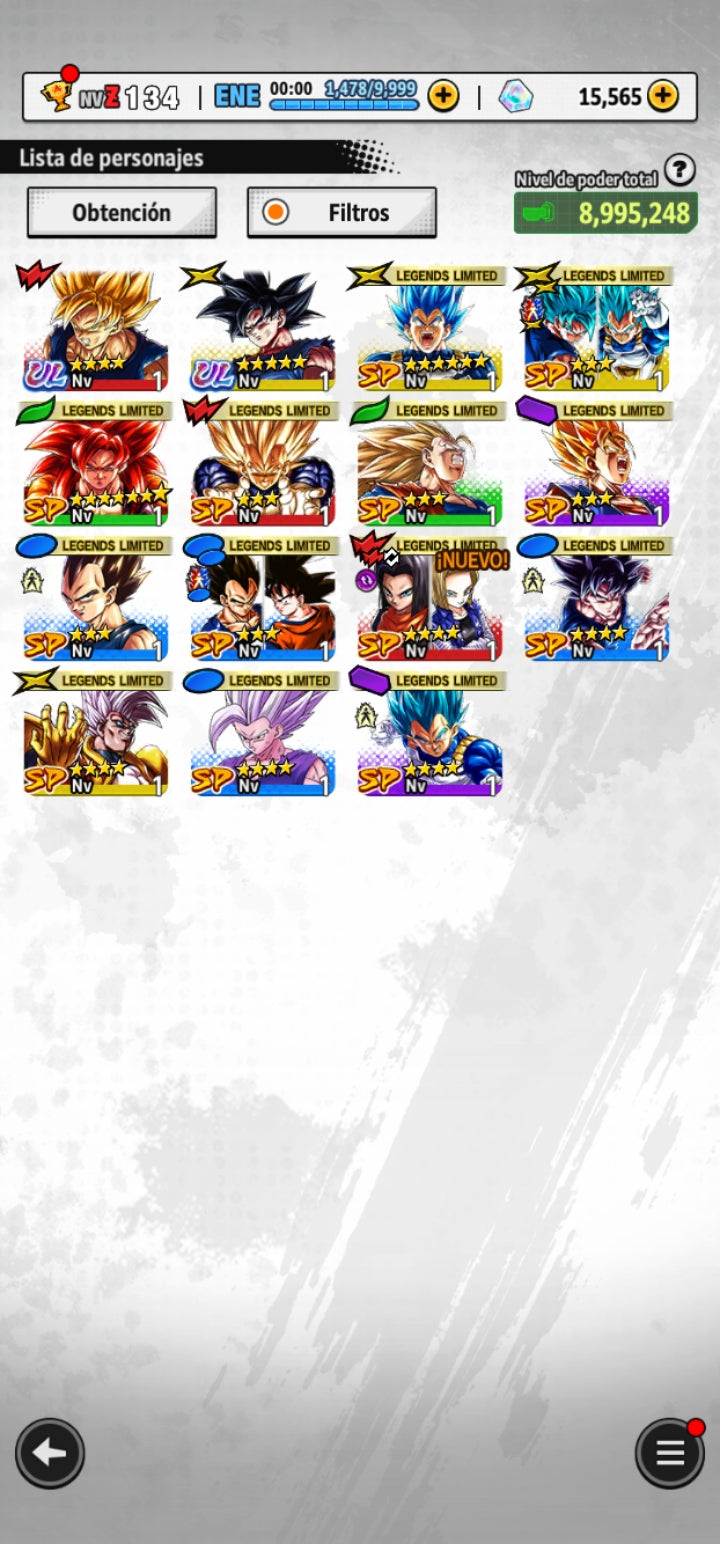 [Solo Android] ⭐️PRE - ULTRAINSTINTO GOKU ULTRA + Pre - ULTRAINSTINTO GOKU LEGENDS LIMITED + Supersaiyajin dios SS Vegeta LEGENDS LIMITED  ⭐️ + 13 LL + 💎15,565 Cronocristales💎