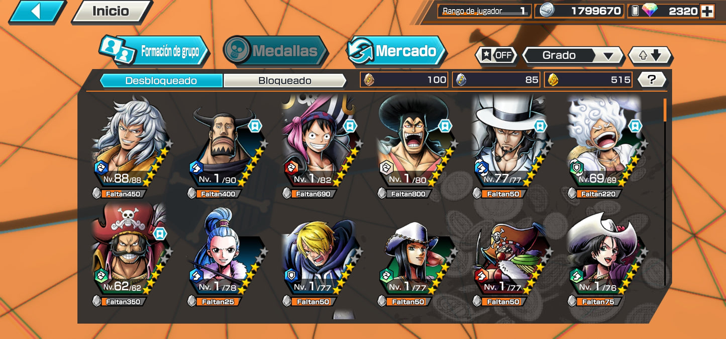 [GLOBAL-Android] +2320 GEMAS 💎| [Nika] Monkey D. Luffy + Gold D. Roger + Rob Lucci (DESPERTAR) | ONE PIECE Bounty Rush cuenta inicial