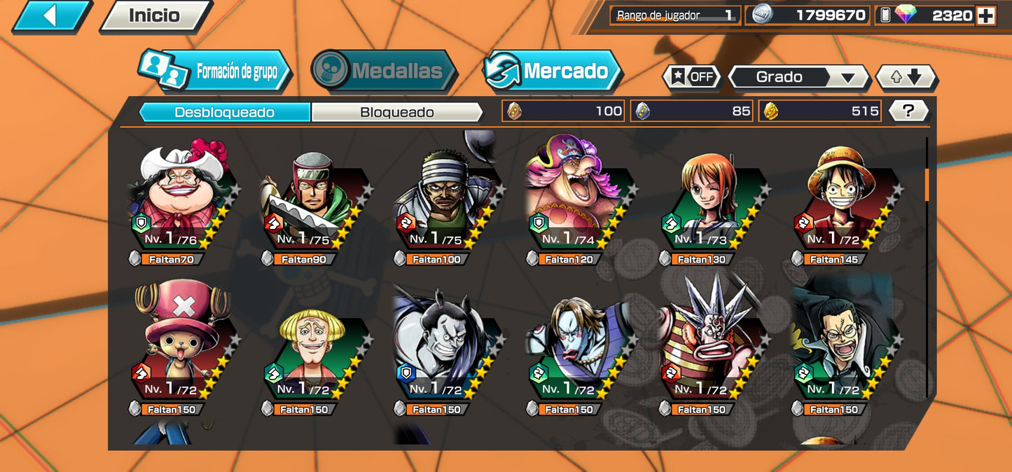 [GLOBAL-Android] +2320 GEMAS 💎| [Nika] Monkey D. Luffy + Gold D. Roger + Rob Lucci (DESPERTAR) | ONE PIECE Bounty Rush cuenta inicial