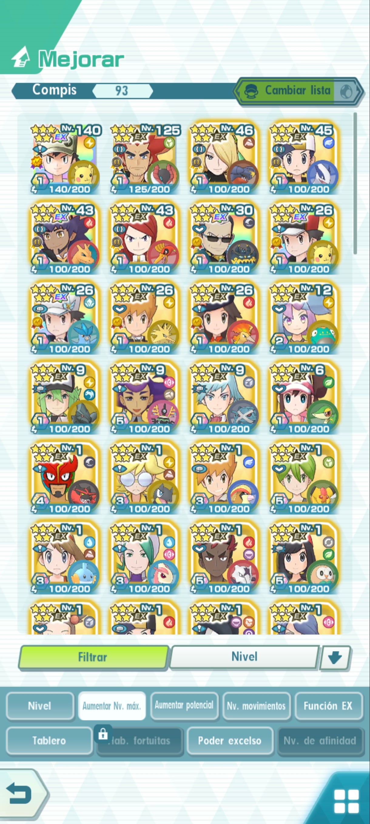 # 5[CUENTA INICIAL-ANDROID] Rojo 1996 + 5 architrajes:  eco + lugia, cintia + garchomp , mirto + volcarona , plata + ho oh , lionel + charizard  + 3 Neocampeones , rojo traje s, rayo + 93 Compis| Pokémon Masters EX