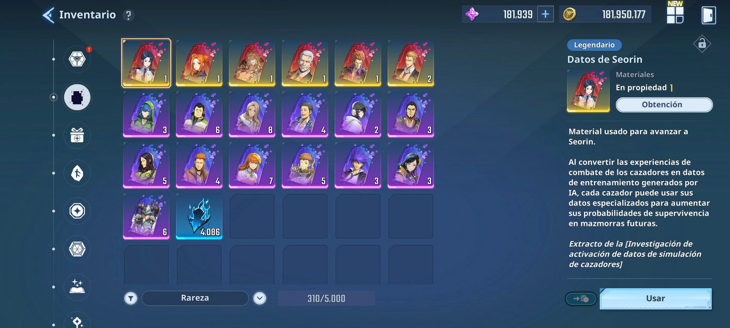 [Global] 181,000 Piedras esenciales 💎 +29 SSR + 20 ARMAS| Solo Leveling:ARISE CUENTA INICIAL - INTERMEDIO