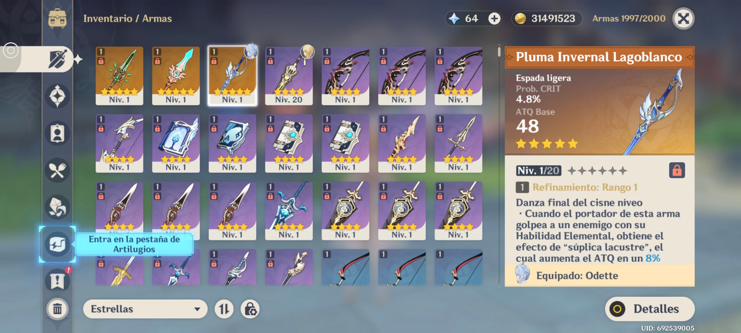 [Nivel 55] ⭐️197 Deseos + Odette + Arma + Jean + Mona⭐️CUMPLEAÑOS LIBRE