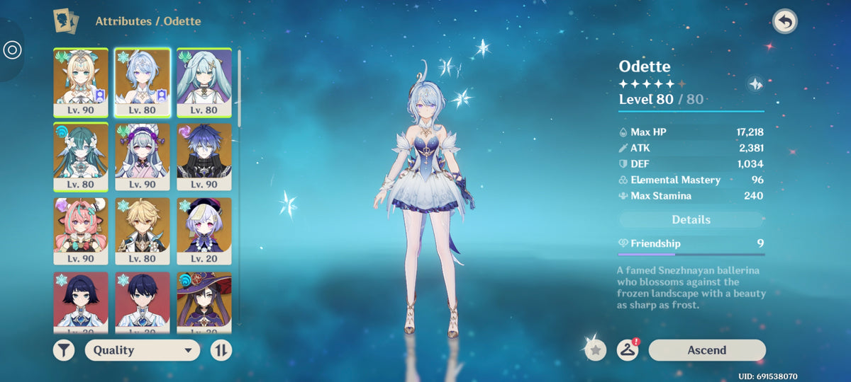 NA AR56| Odette Whitelake Frostfeather , Vesna + Vodyanitsa + Flins Bloodsoaked Ruins + Varesa + Mizuki C1 + Mona C1 + Qiqi|UNSET BIRTHDAY