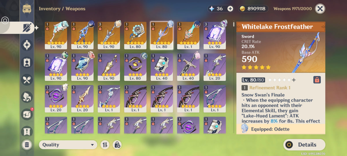 NA AR56| Odette Whitelake Frostfeather , Vesna + Vodyanitsa + Flins Bloodsoaked Ruins + Varesa + Mizuki C1 + Mona C1 + Qiqi|UNSET BIRTHDAY
