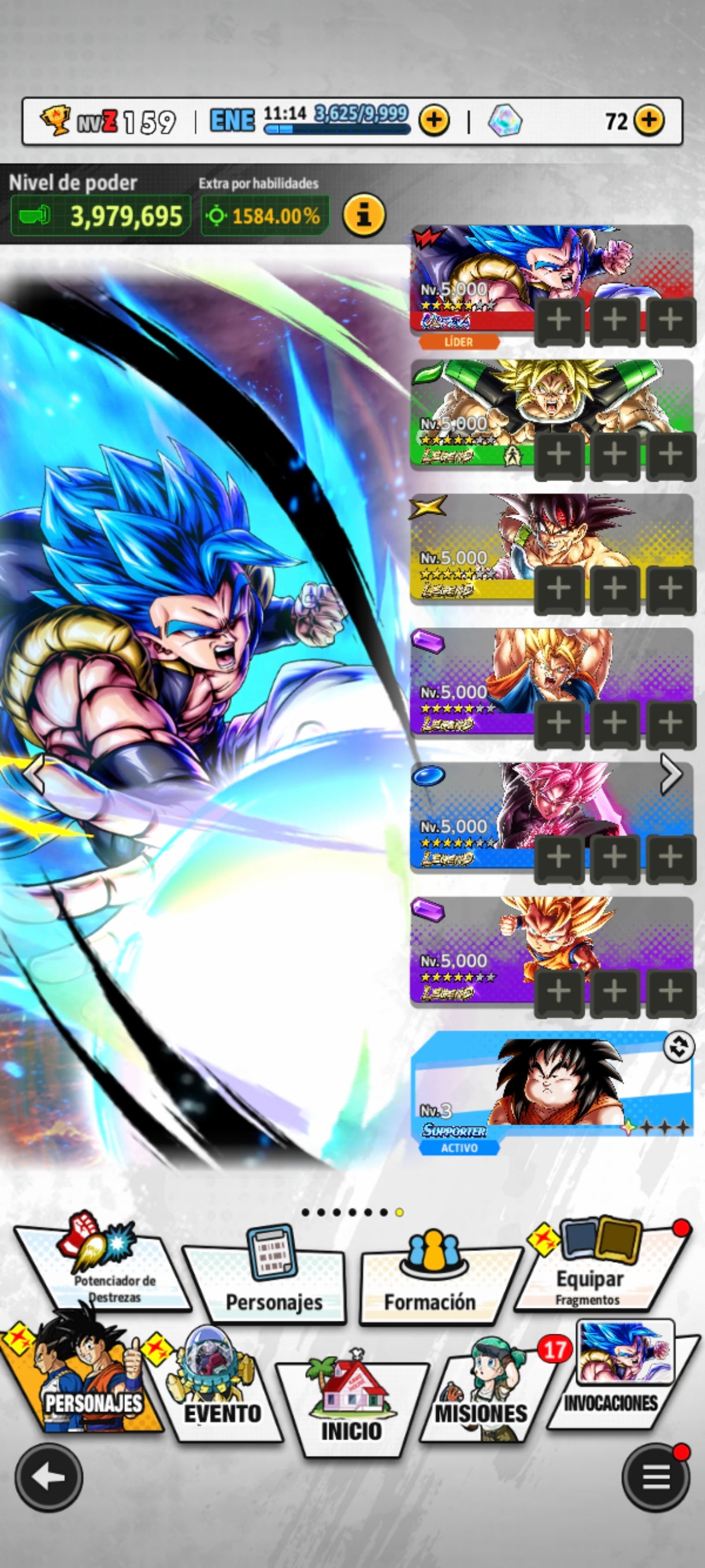 [Android&Iphone] Gogeta ULTRA + Goku Oscuro LEGENDS + Broly LEGENDS + Súper Vegetto LEGENDS + Bardock LEGENDS + Goku (Mini) LEGENDS + 11 LL|DRAGON BALL Legends Cuenta
