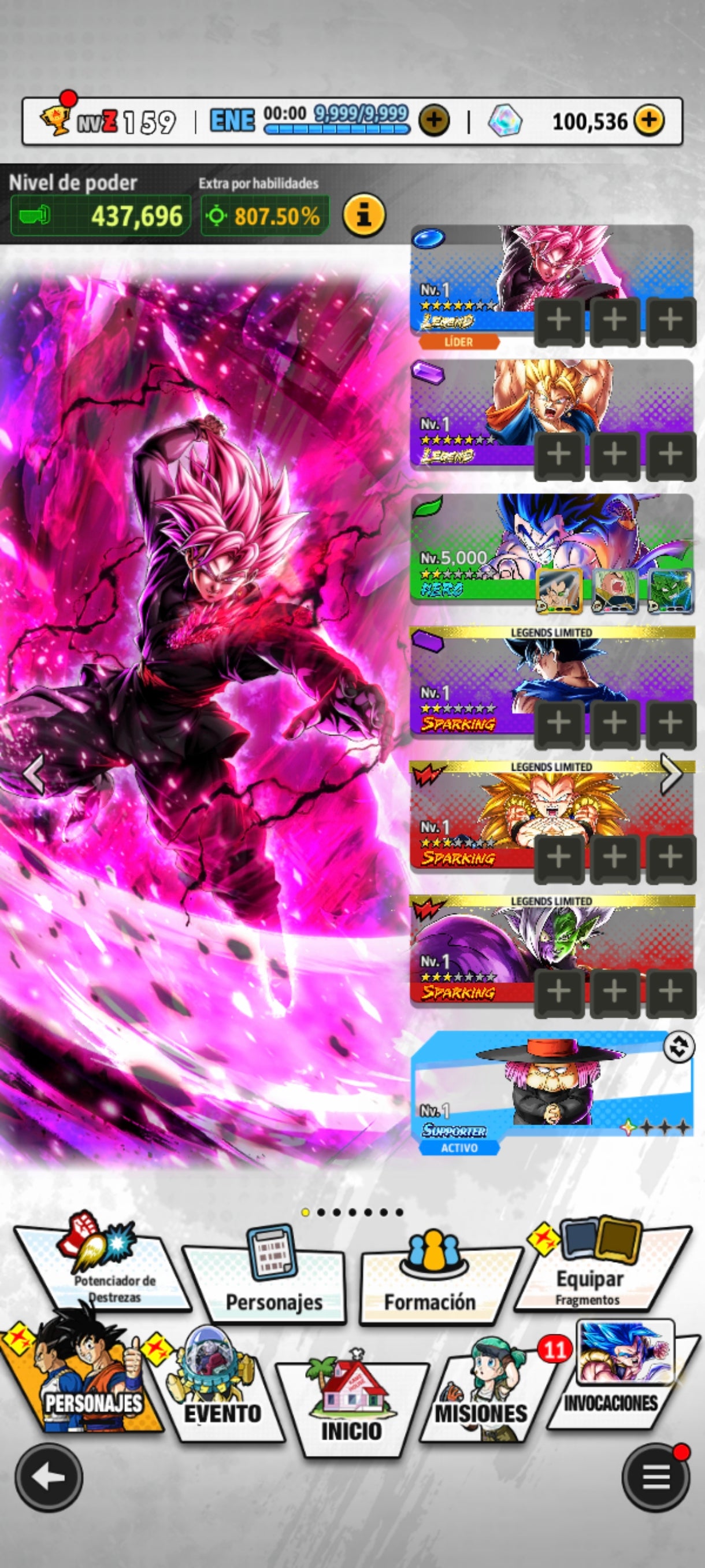 [ANDROID] 100,536 Cronocristales💎 + Súper Vegetto LEGENDS + Supersaiyajin Goku Oscuro LEGENDS + 8 LL |DRAGON BALL Legends Cuenta