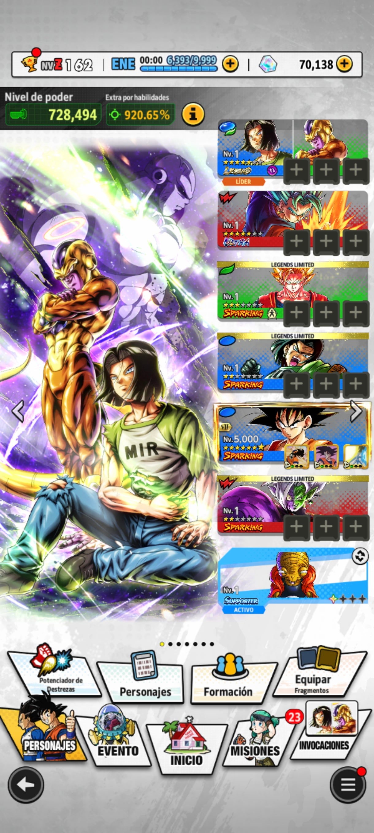 [ANDROID] 70,138 Cronocristales💎 Androide 17 & Golden Freezer LR + Vegetto Blue ULTRA + 4 LL | DRAGON BALL Legends Cuenta
