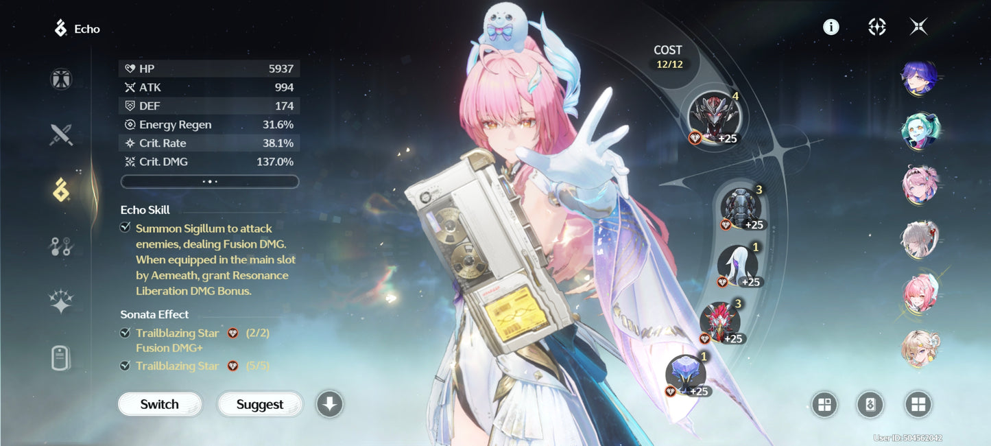 NA Lv80🌙 Suisui C2 + Arma + Aemeath C1 + Arma + Augusta C2 + Arma + Hiyuki + Arma + Denia + Lucilla + Lynae + Chisa + Arma + Cartethyia + Arma + Shorekeeper + Iuno + Arma + Rebecca + Verina + Encore + Calcharo + Lingyang