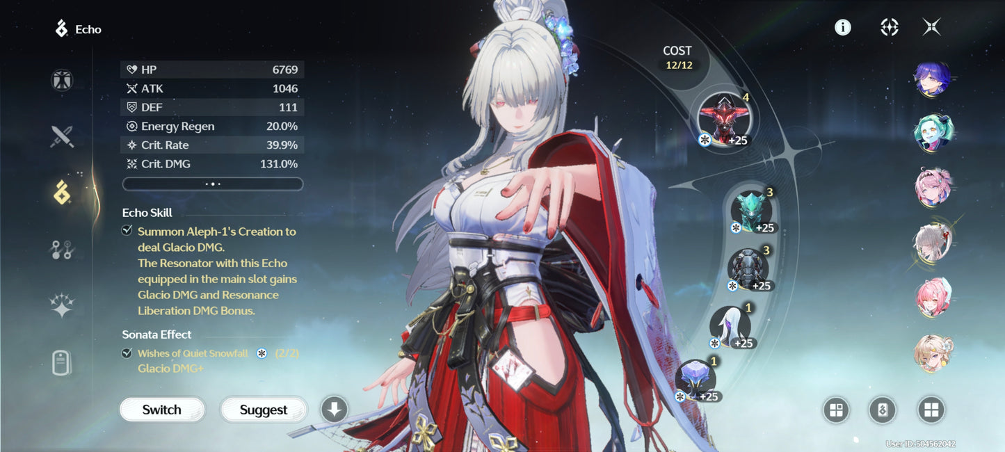 NA Lv80🌙 Suisui C2 + Arma + Aemeath C1 + Arma + Augusta C2 + Arma + Hiyuki + Arma + Denia + Lucilla + Lynae + Chisa + Arma + Cartethyia + Arma + Shorekeeper + Iuno + Arma + Rebecca + Verina + Encore + Calcharo + Lingyang
