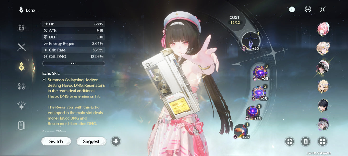 NA Lv80🌙 Suisui C2 + Arma + Aemeath C1 + Arma + Augusta C2 + Arma + Hiyuki + Arma + Denia + Lucilla + Lynae + Chisa + Arma + Cartethyia + Arma + Shorekeeper + Iuno + Arma + Rebecca + Verina + Encore + Calcharo + Lingyang