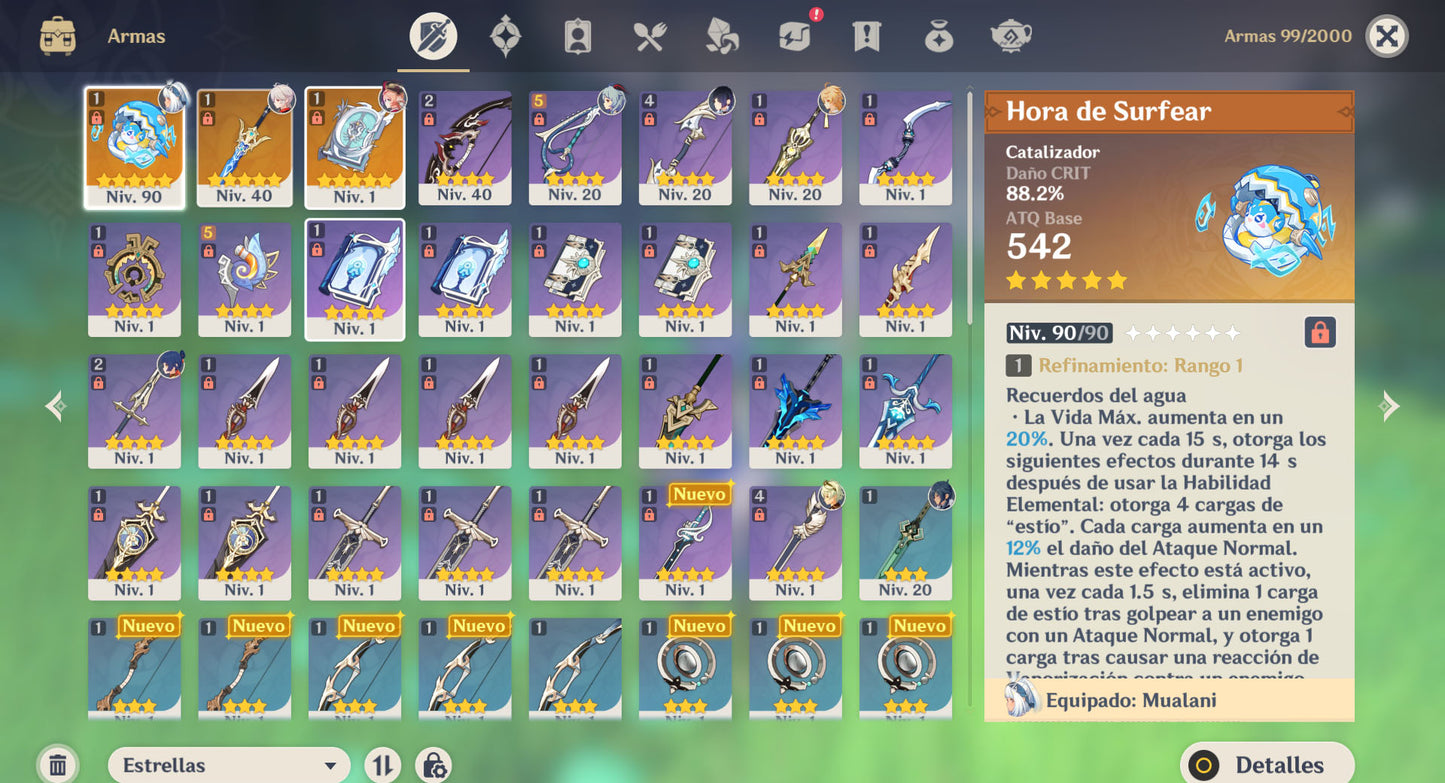Nivel 53 ✨Mualani C1 + Hora de Surfear ✨ , Kazuha +Juramento por la libertad✨, Yelan , Ganyu , Mona , Keqing , Tighnari , Diluc