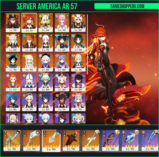 [Nivel 57] Mavuika + Trotamundo + Xilonen + Arataki Itto + Venti + Hu Tao + Yae Miko + Xiao + Tartaglia + Albedo + Ayaka + Jean + Aloy + Qiqi C1 + Keqing C3