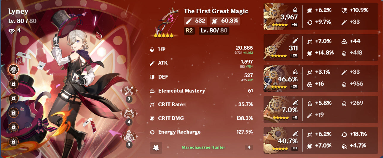 [Nivel 56] Arlecchino C2 + Arma , Mavuika , Lyney C1 + Arma , Furina , Neuvillete C1 + Jean C1, Qiqi , Diluc , Mizuki