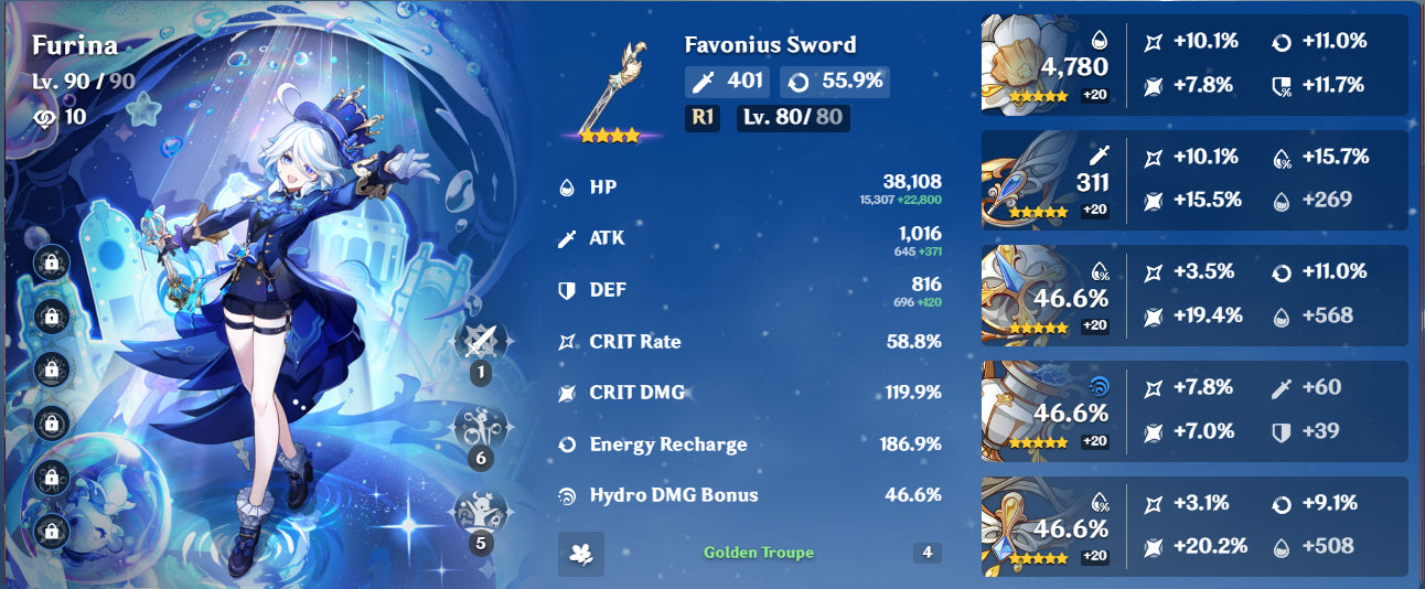 [Nivel 56] Arlecchino C2 + Arma , Mavuika , Lyney C1 + Arma , Furina , Neuvillete C1 + Jean C1, Qiqi , Diluc , Mizuki