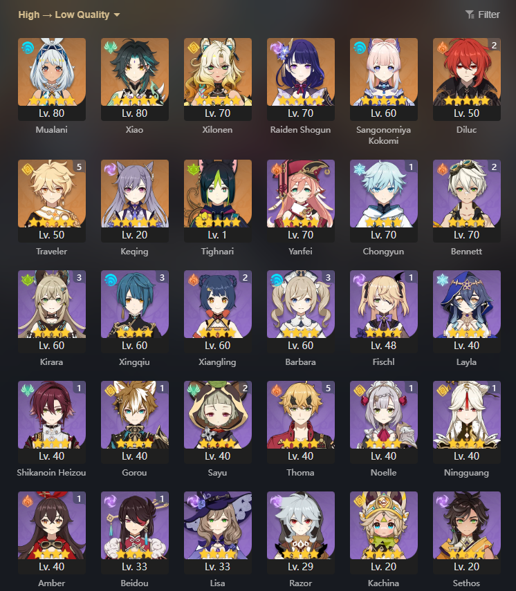 [AR 51] Mualani , Xiao , Xilonen , Kokomi , Raiden Shogun , Diluc C2 + Arma 🗡️ , Keqing , Tighnari