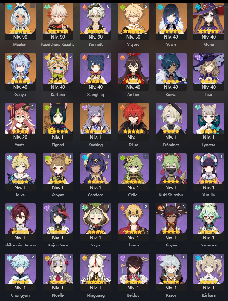 Nivel 53 ✨Mualani C1 + Hora de Surfear ✨ , Kazuha +Juramento por la libertad✨, Yelan , Ganyu , Mona , Keqing , Tighnari , Diluc