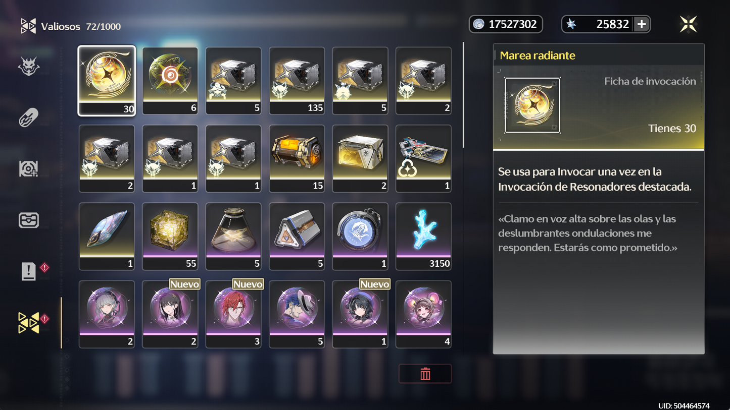 [Nivel 41]✔️Cumpleaños libre | 25832 Astritas 💠, +30 Mareas radiantes 💎| Zani + Arma 5⭐(Veredicto del destello)+  Phoebe , Jianxin R1+ Veritas + Lingyang | Wuthering Waves Cuenta reroll