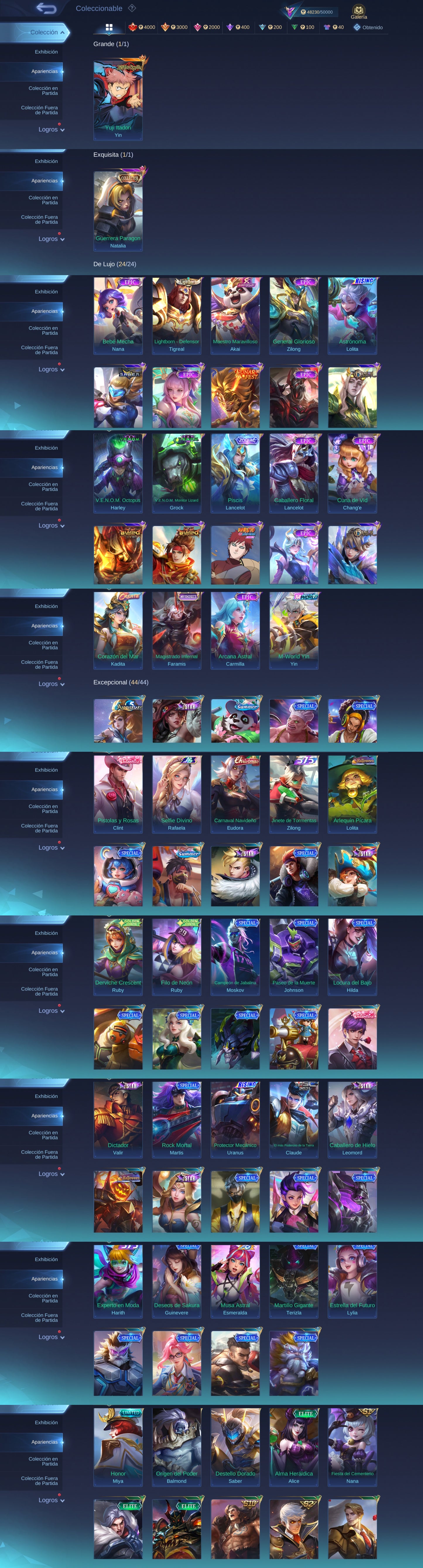 Mobile Legends | TODOS LOS HÉROES + 238 SKINS | YUJI ITADORI ✨, COLLECTOR ✨ NATALIA , MWORLD ✨YIN , ETC