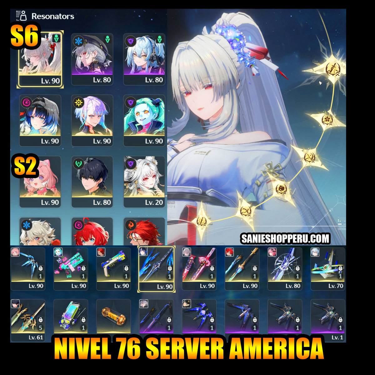 NA UL75 | Hiyuki S6 + Arma 5⭐️ + Hsin + Yangyang: Xuanling + Arma 5⭐️, Lucy + Rebecca + Arma 5⭐️, Encore S2 + Lingyang | Cumpleaños libre | Cuenta Wuthering Wave